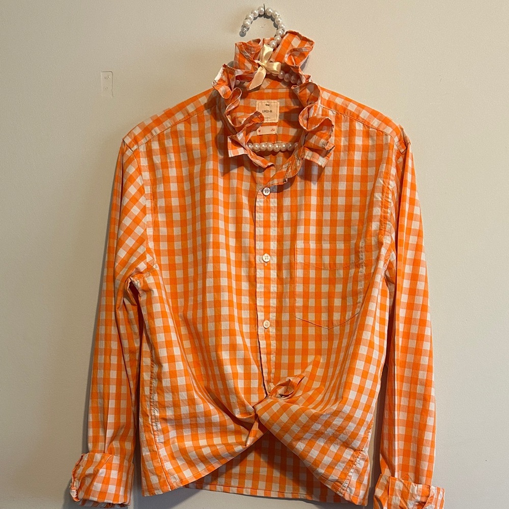 GAP Orange and White Gingham Ruffle Collar Button-Down Shirt